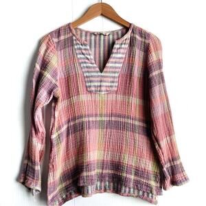 Soft Surroundings 100% Cotton Gauze Fabric Muslin Plaid Top Tunic size PS